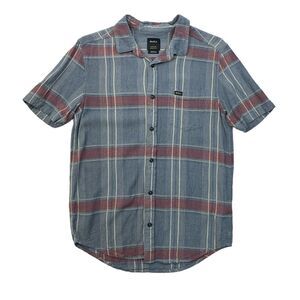 RVCA Shirt Mens Small Cadet Blue Linen Blend Pepperland Plaid Regular Fit Pocket